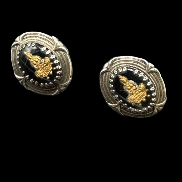 Vintage Earrings Screwbacks Royal Crest Silver Tone & Black Goddess Meditation - Picture 1 of 7